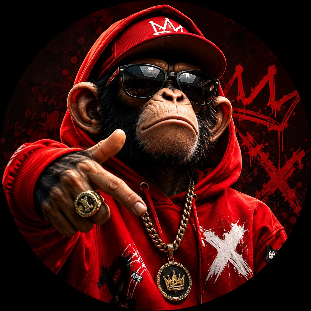 Cool monkey PFP in red streetwear hoodie with bold pose