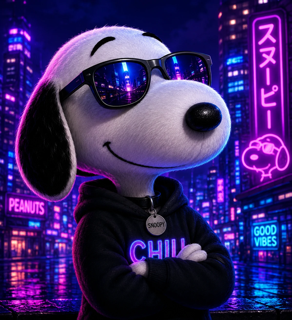 Cool Snoopy PFP wearing sunglasses against a neon night city background