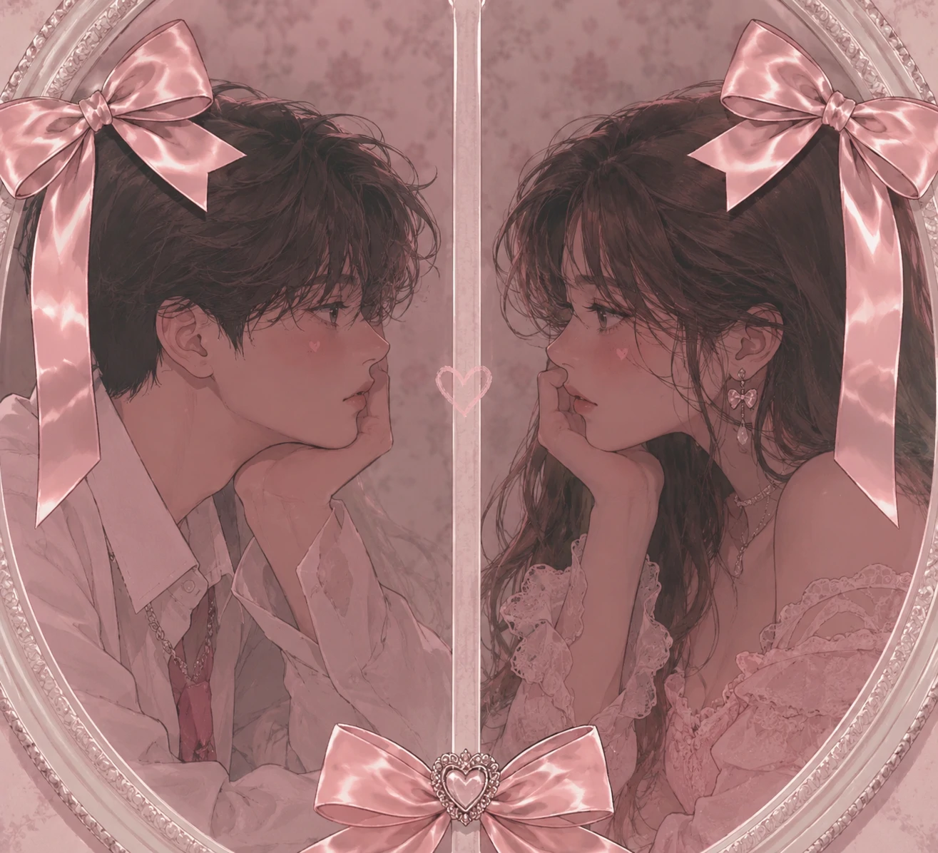 Couple coquette PFP mirrored with satin bows and pastel grading.