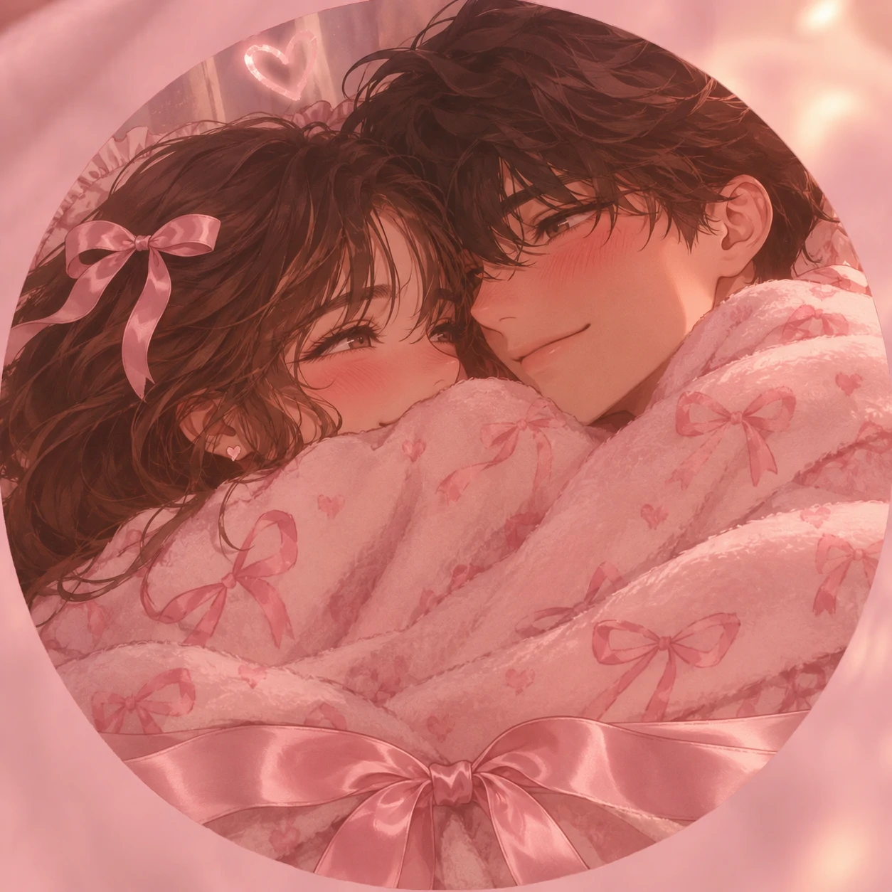 Cozy couple coquette PFP tied together under a pastel blanket.