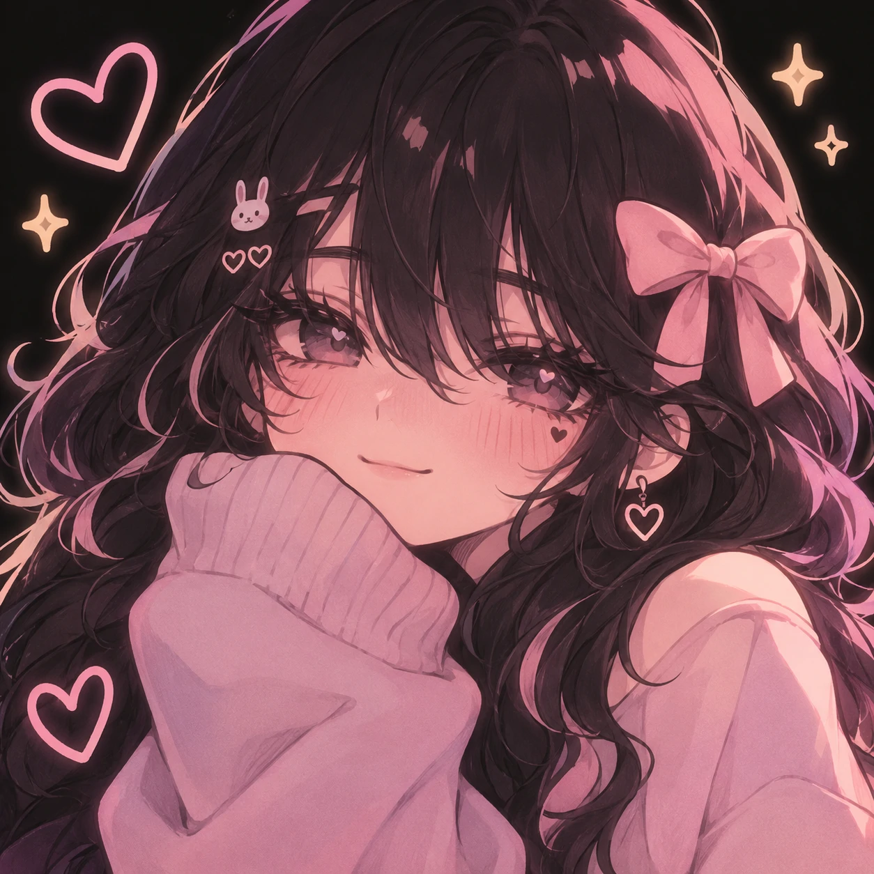 Cute aesthetic black pfp with soft pastel shadows wrapped around a gentle character.