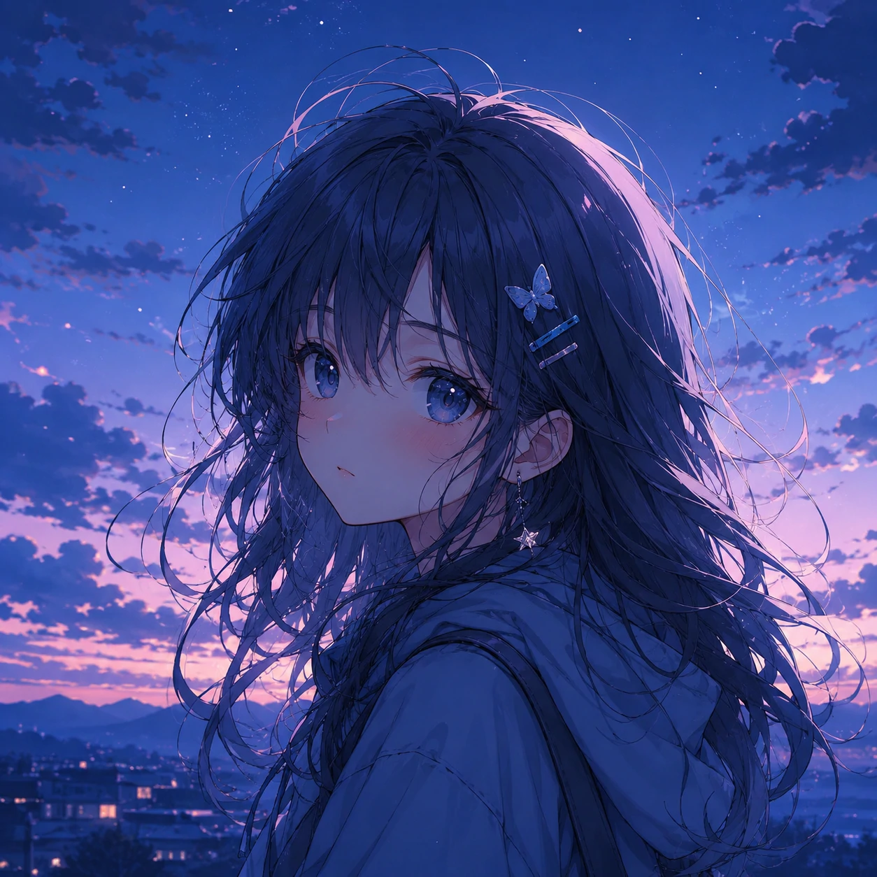 Blue-hour aesthetic anime cute pfp with dreamy sky background and soft hair