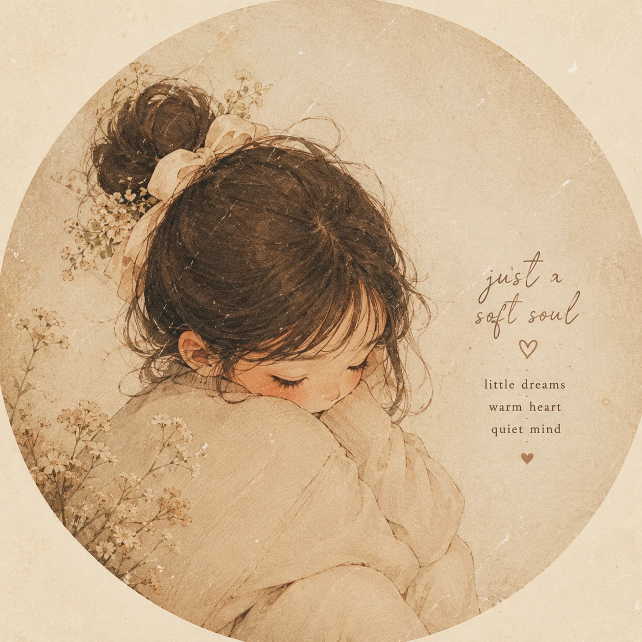 Vintage grain cute aesthetic pfp with cream tones and a shy cartoon girl
