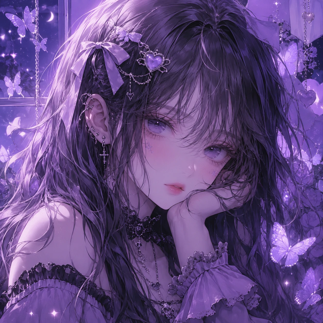 Lilac aesthetic anime cute pfp with soft highlights and dreamy purple background