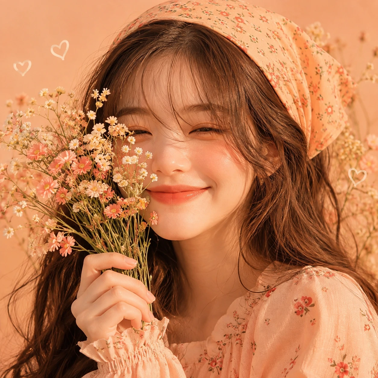Peach-toned cute aesthetic pfp of a girl holding tiny flowers close to her face