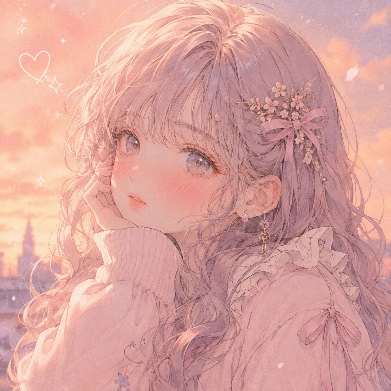 Cute aesthetic pfp of a soft pastel anime girl with pink cheeks and dreamy lighting