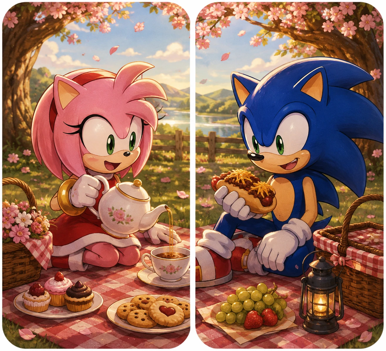 Cute Amy and Sonic matching PFP sharing a picnic scene split across two icons
