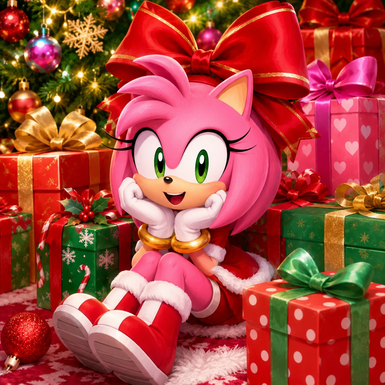 Cute Amy Rose Christmas PFP sitting beside wrapped presents with a big bow