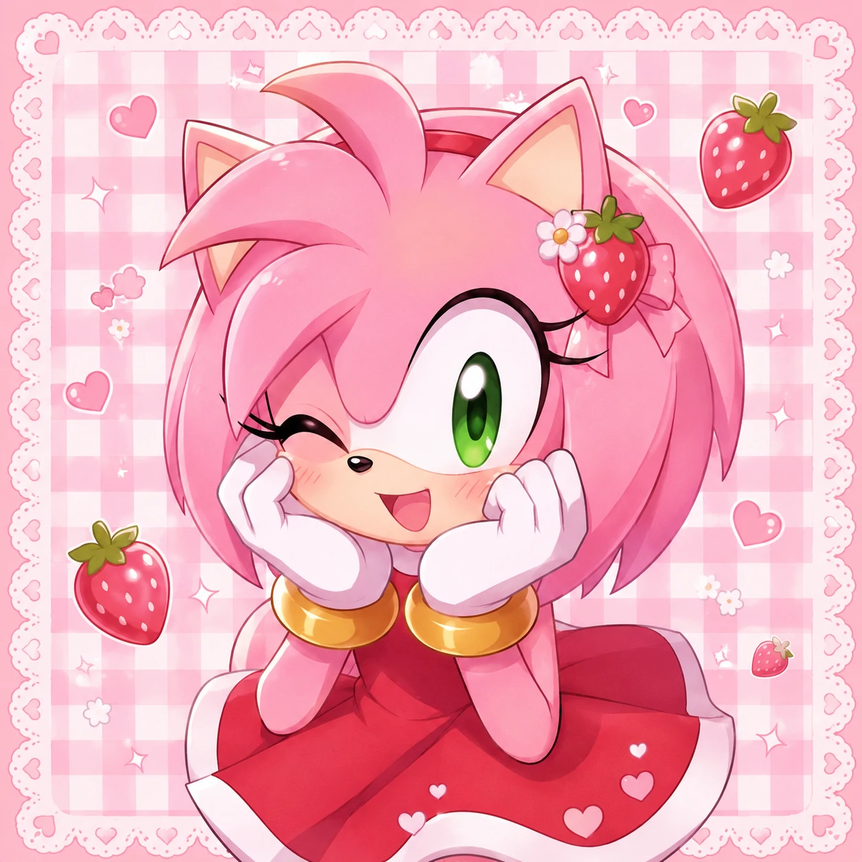 Cute Amy Rose icon with strawberry hair clip and pastel pink gingham background