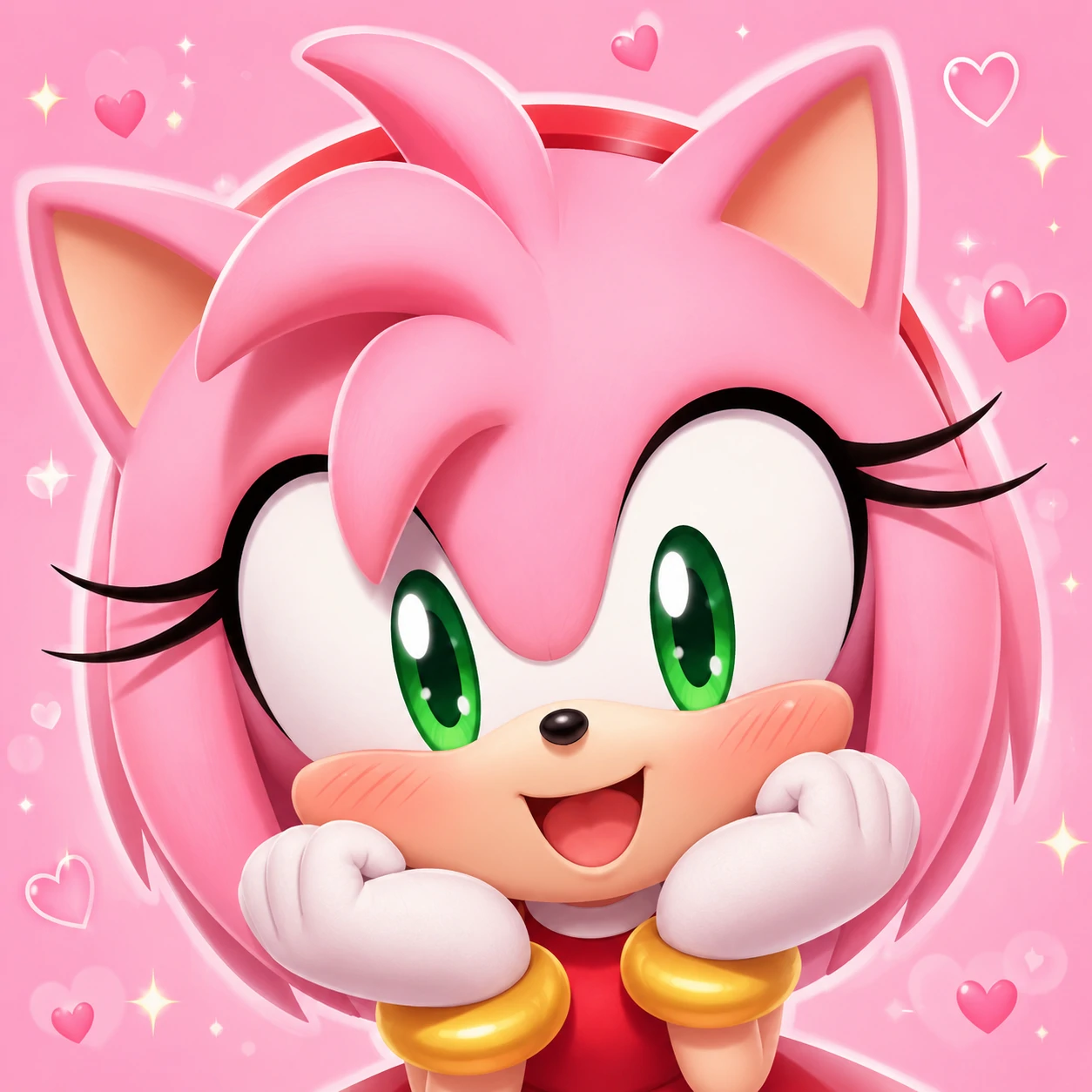 Cute Amy Rose PFP with a blushing smile, big green eyes, and soft pink background