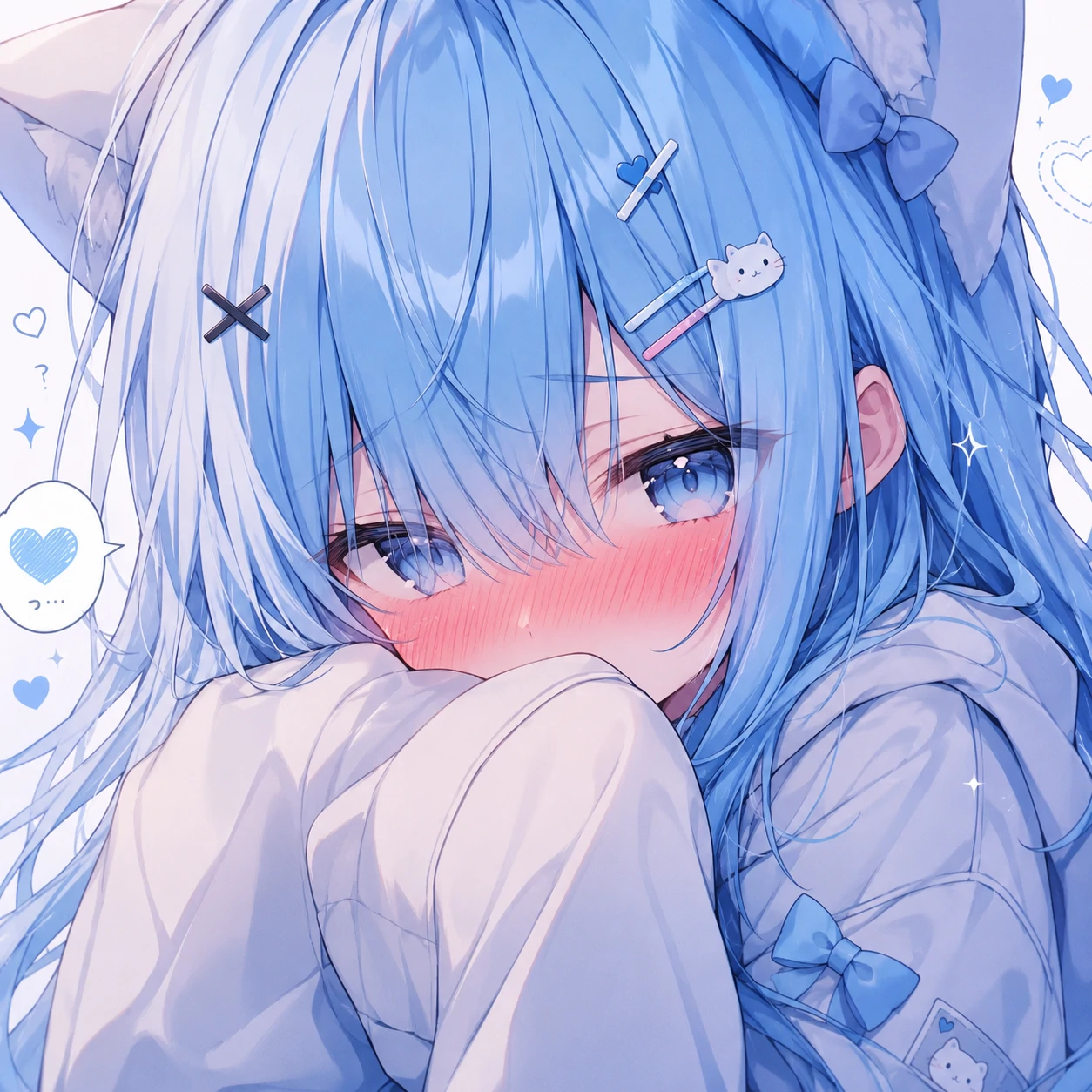 Blue-haired shy anime girl with heavy blush, styled as a cute anime pfp