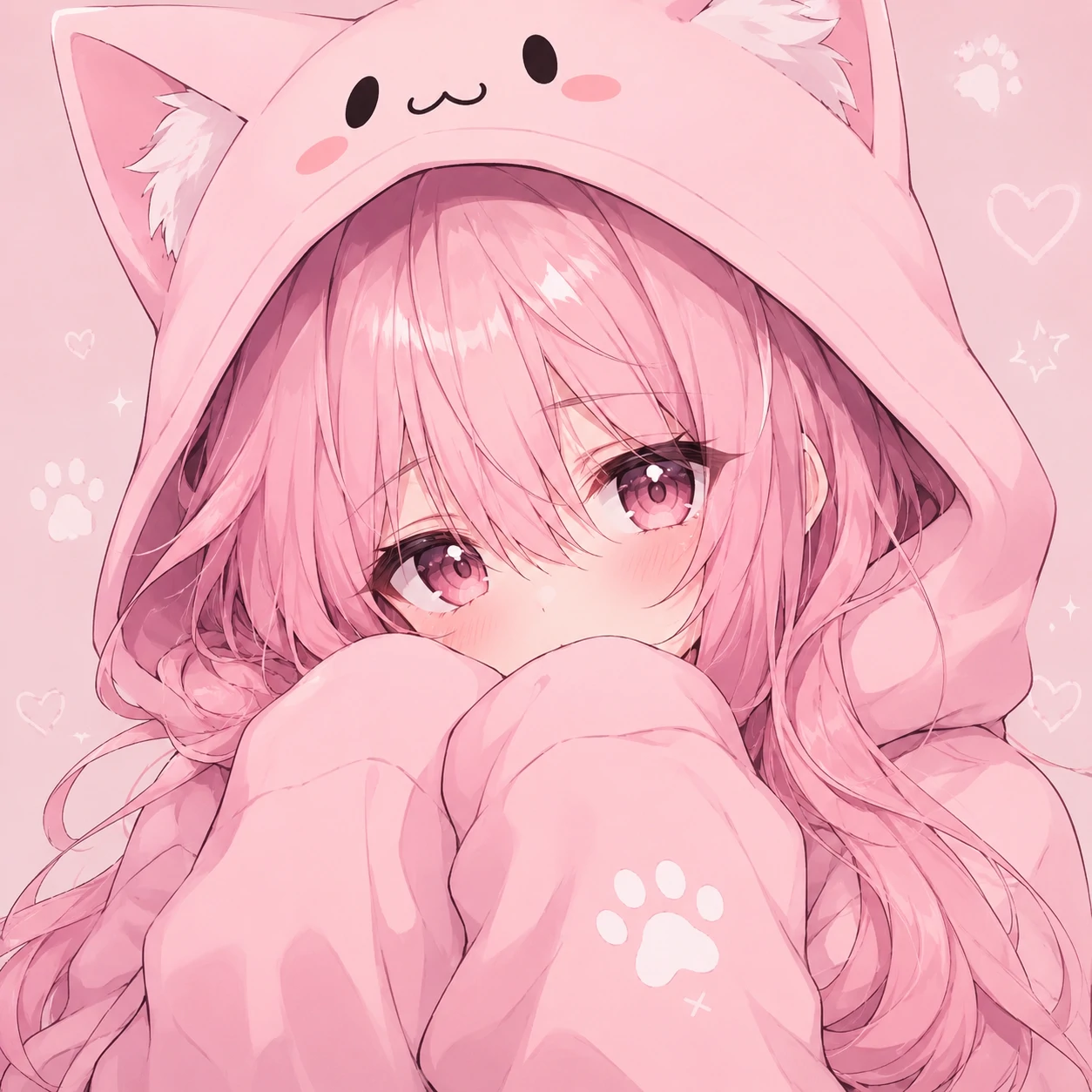 Cute anime pfp of a girl with pink hair, oversized hoodie and glossy eyes