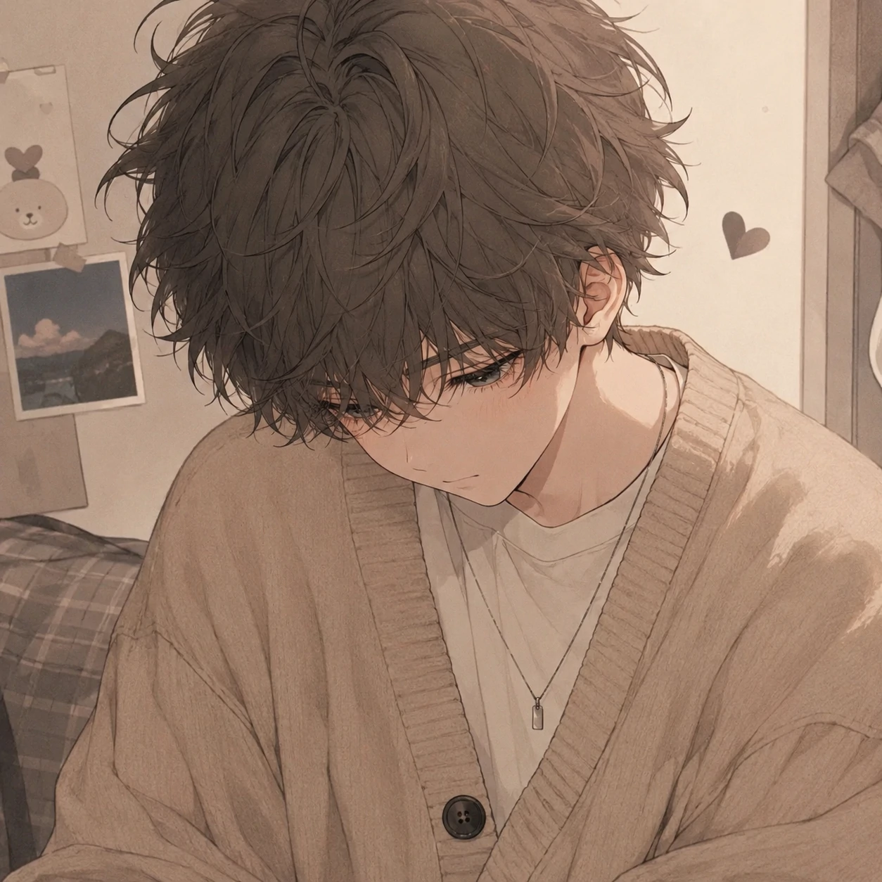 Soft boy anime cute pfp with fluffy hair and a beige cardigan looking down