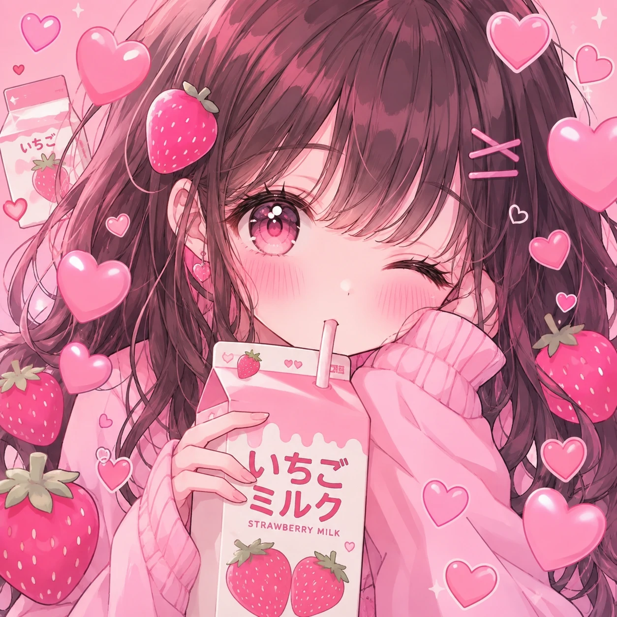 Cute anime pfp of a girl sipping strawberry milk with pink hearts around her