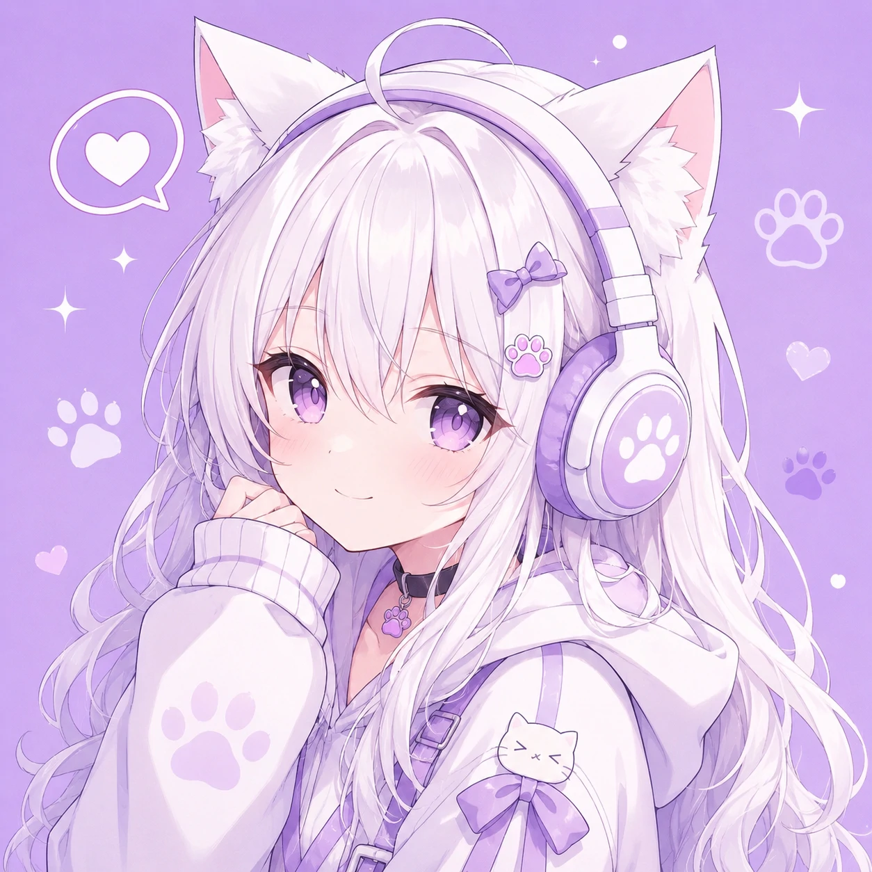 Cute anime pfp of a girl with white cat ears and headphones on a lilac background