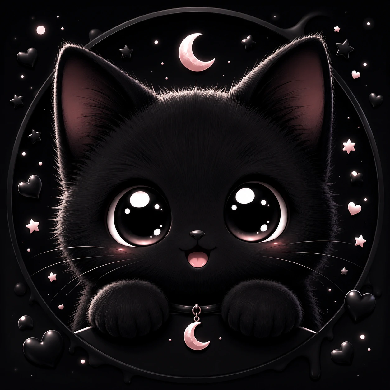 Cute black cat pfp with kawaii glossy eyes on a dark backdrop.