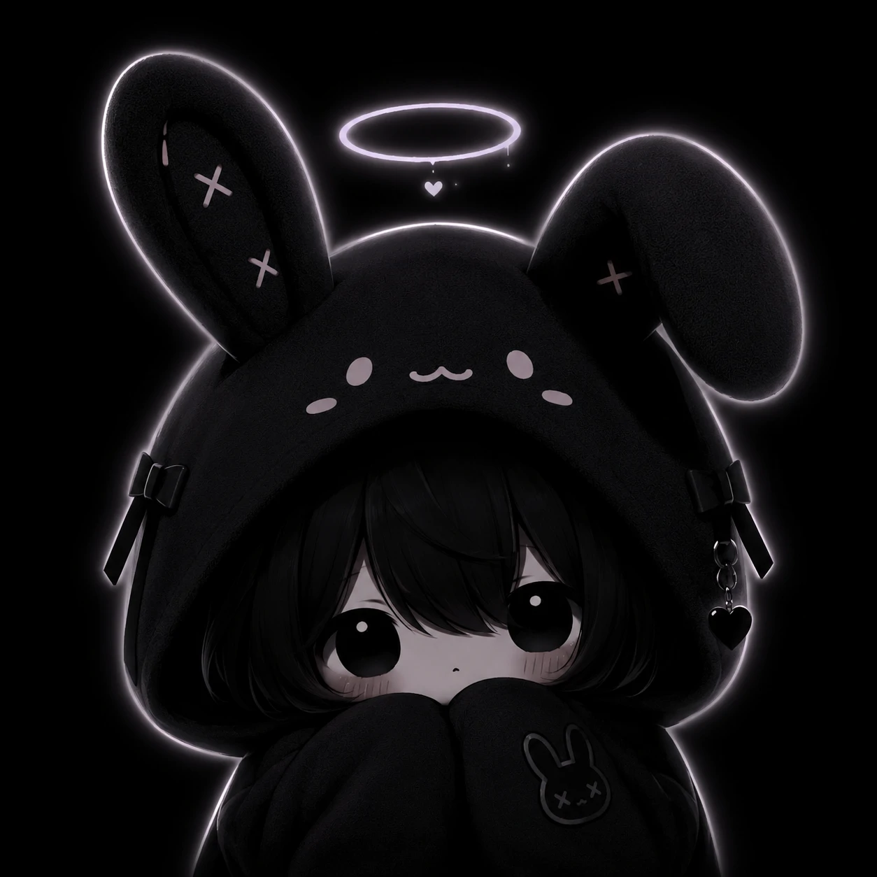Cute bunny-hood black pfp with a faint halo-shaped glow around the head.