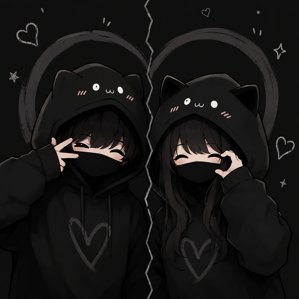 Cute black pfp pair designed for two close friends sharing one composition.