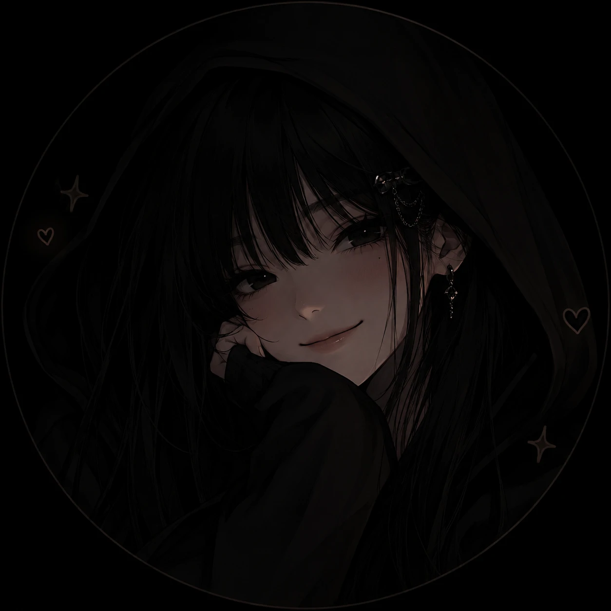 Cute black pfp featuring a soft smile framed in deep dark tones.