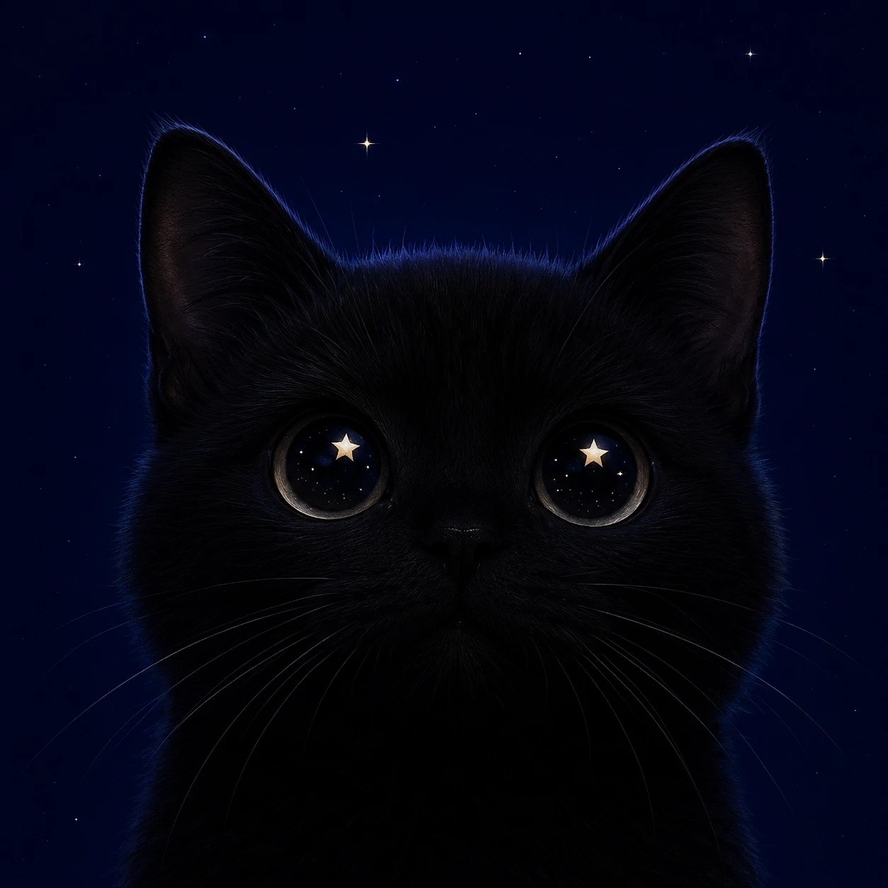 Black cat cute pfp with tiny star sparkles in its eyes and a dark navy background
