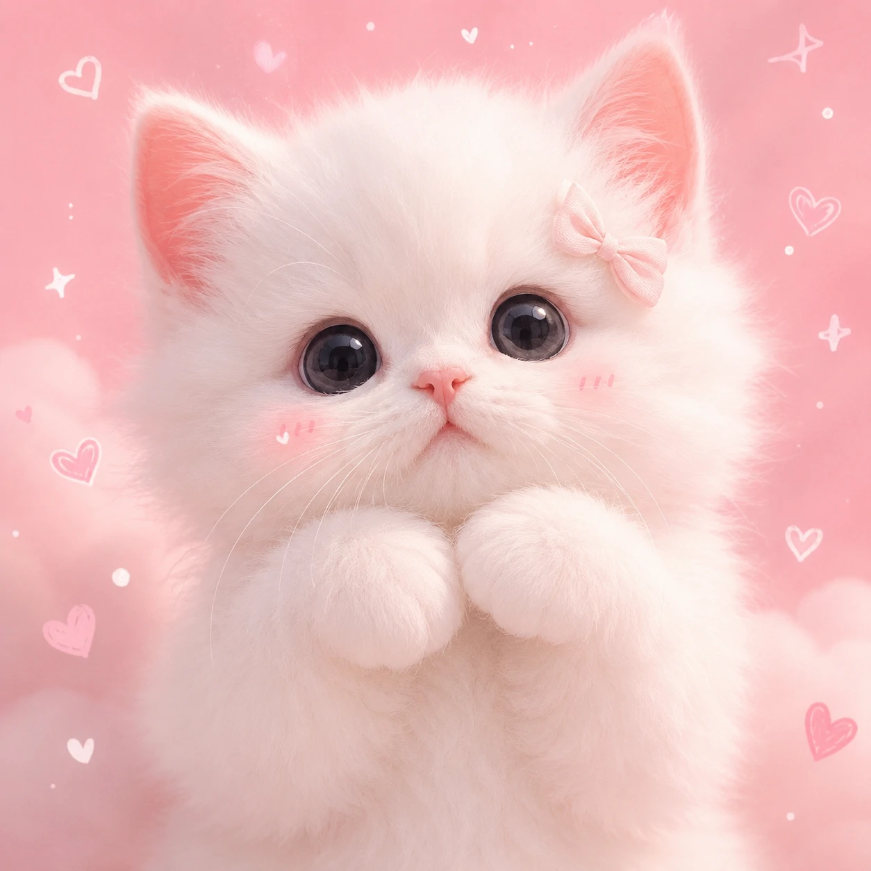 Cute cat pfp of a fluffy white kitten on a soft pastel pink background