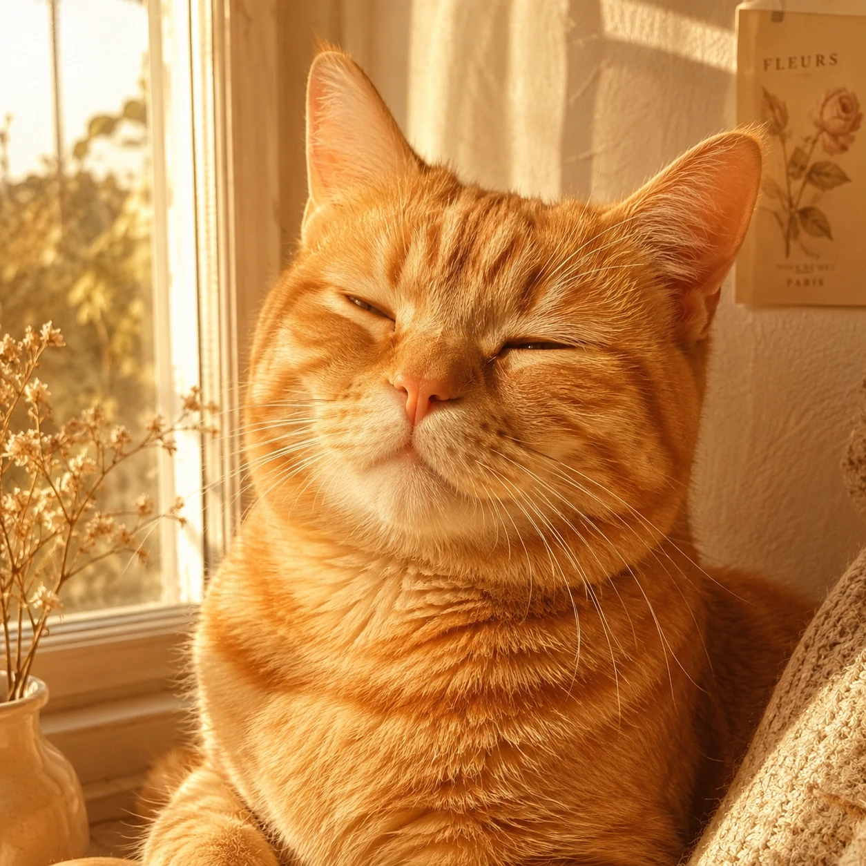 Cute cat pfp of an orange tabby sitting in warm window light with sleepy eyes