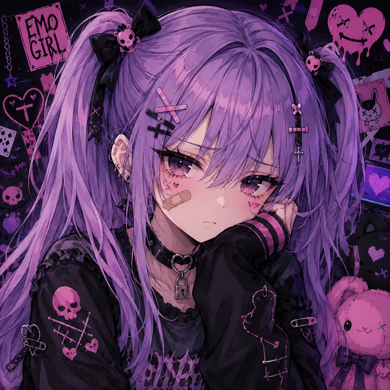 Cute emo anime girl PFP with a small bandaid on her cheek and lavender pigtails