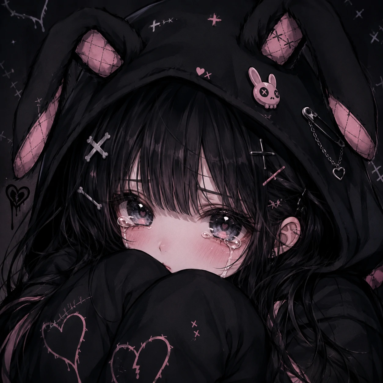 Cute emo PFP of a girl in a black bunny-eared hoodie with tearful glossy eyes