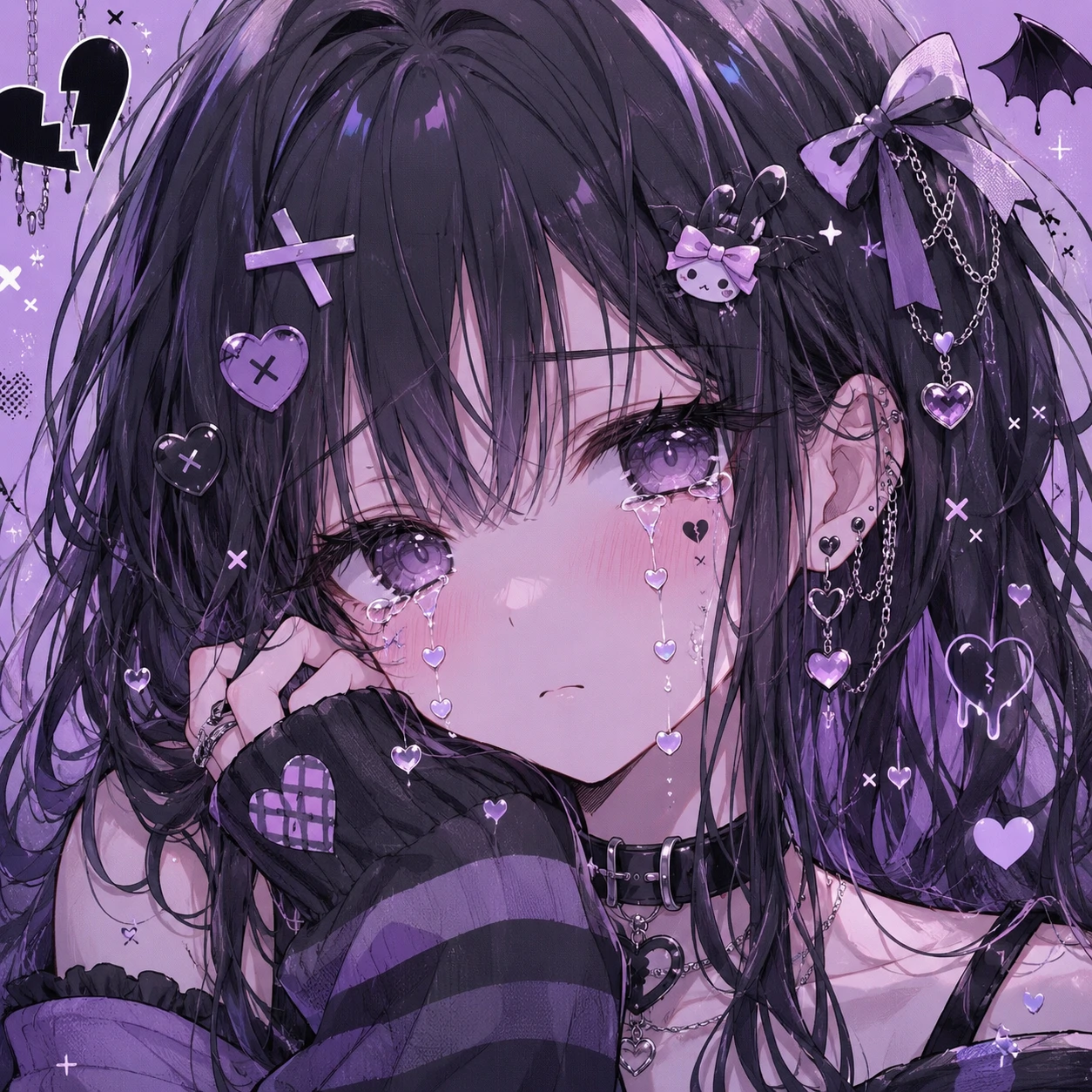 Cute emo anime girl PFP with tiny heart-shaped tears falling from her eyes