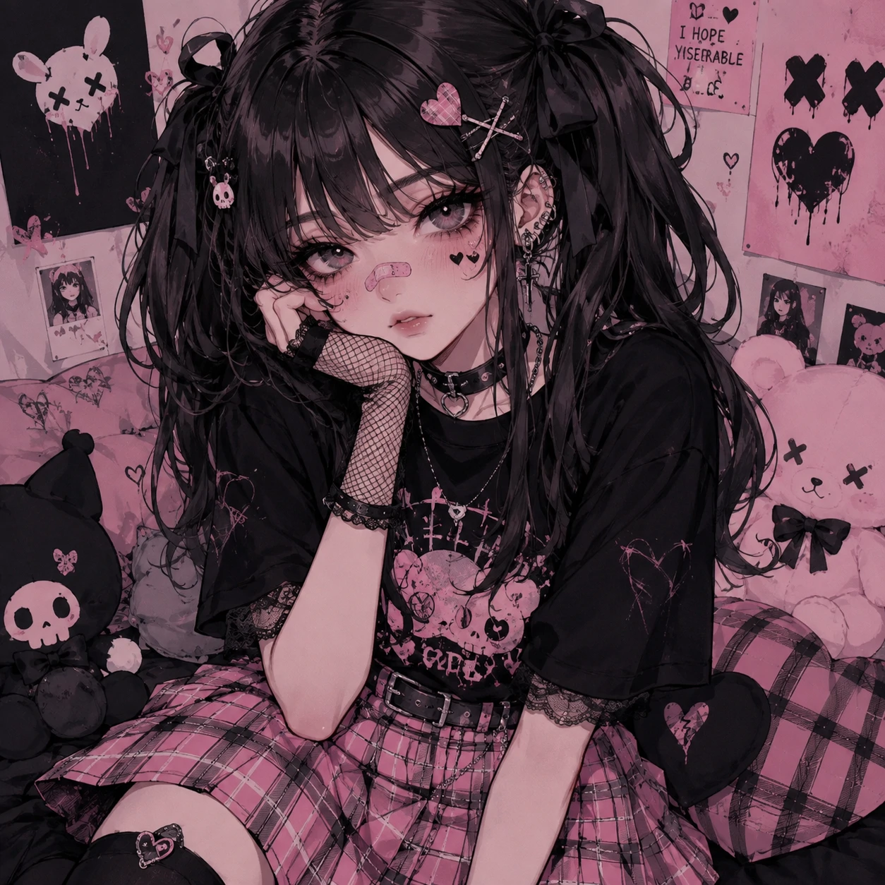 Cute emo PFP showing a girl in a pastel plaid skirt with a black choker and pigtails