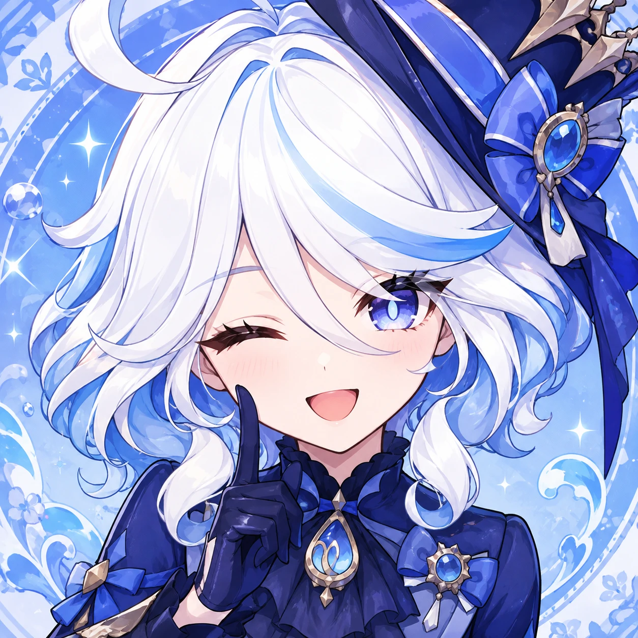 Cute anime-style Furina PFP with a playful wink and blue ribbon