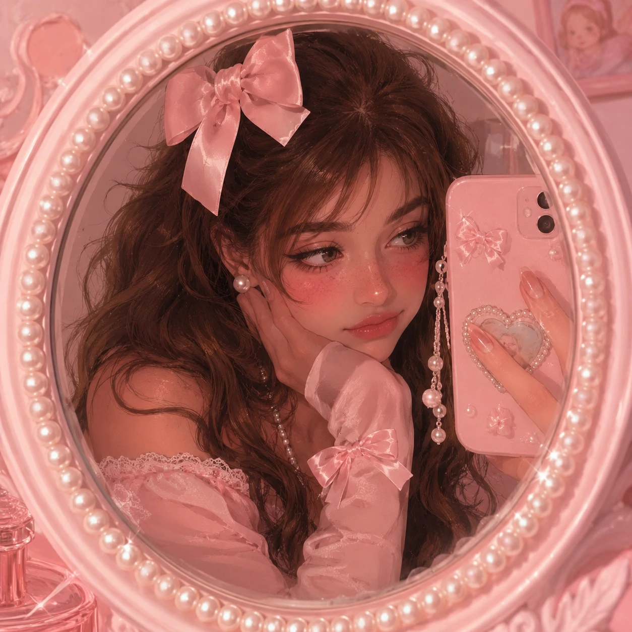 Cute girl coquette PFP reflected in a pink mirror with pearls.