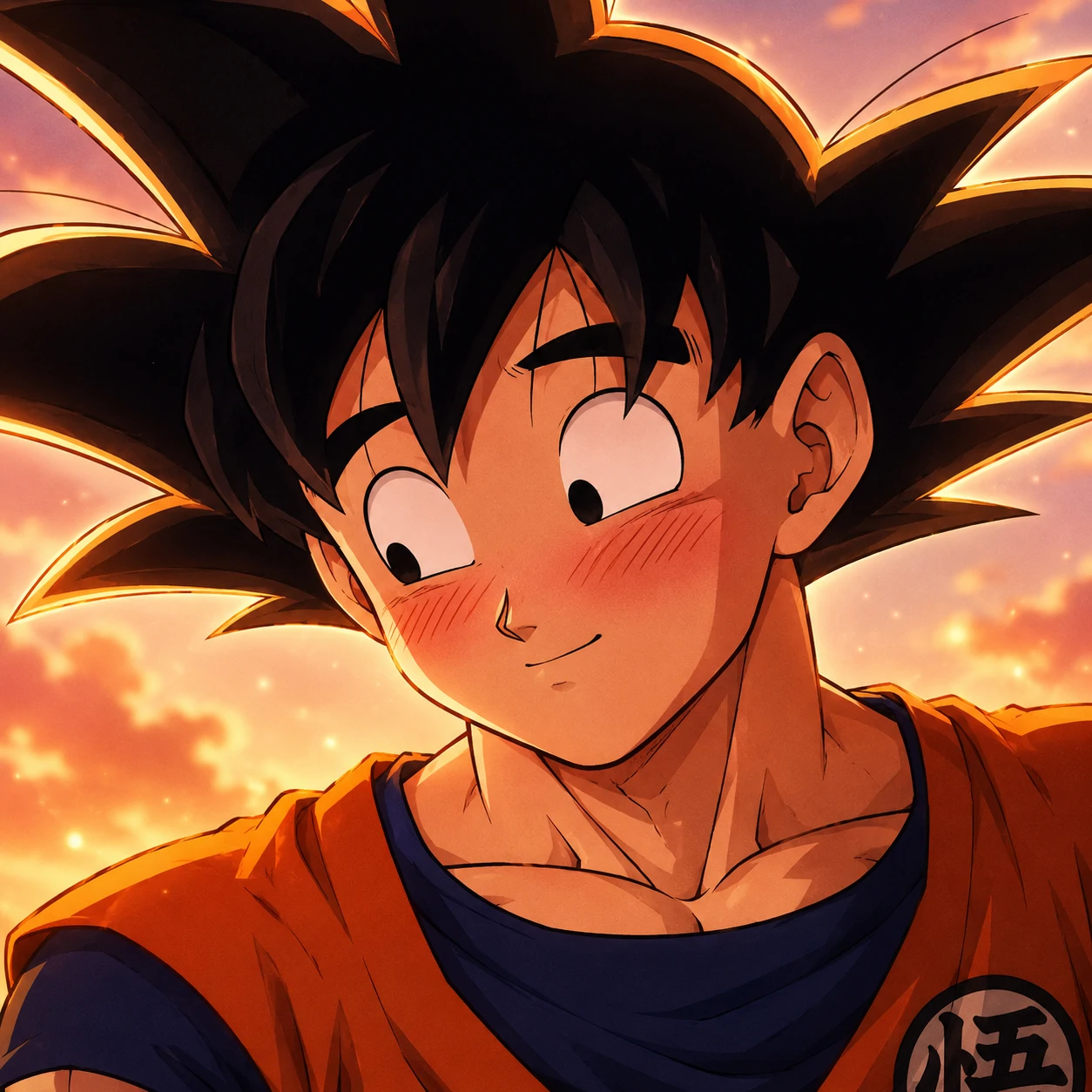 Soft blushing anime Goku profile picture in warm lighting.