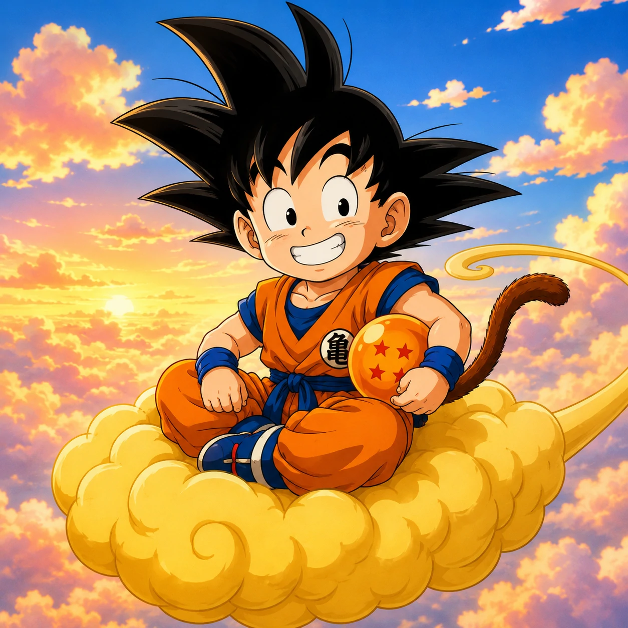 Cute Goku avatar riding his golden flying cloud with a smile.