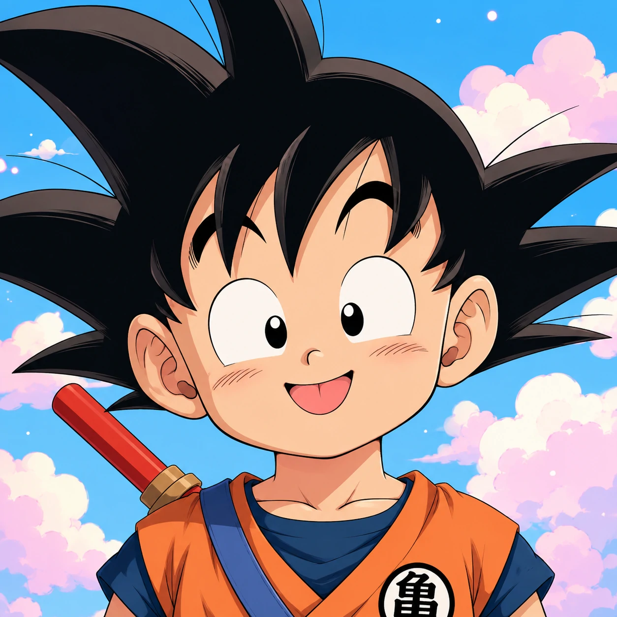 Cute anime Goku profile picture with a soft grin and pastel background.