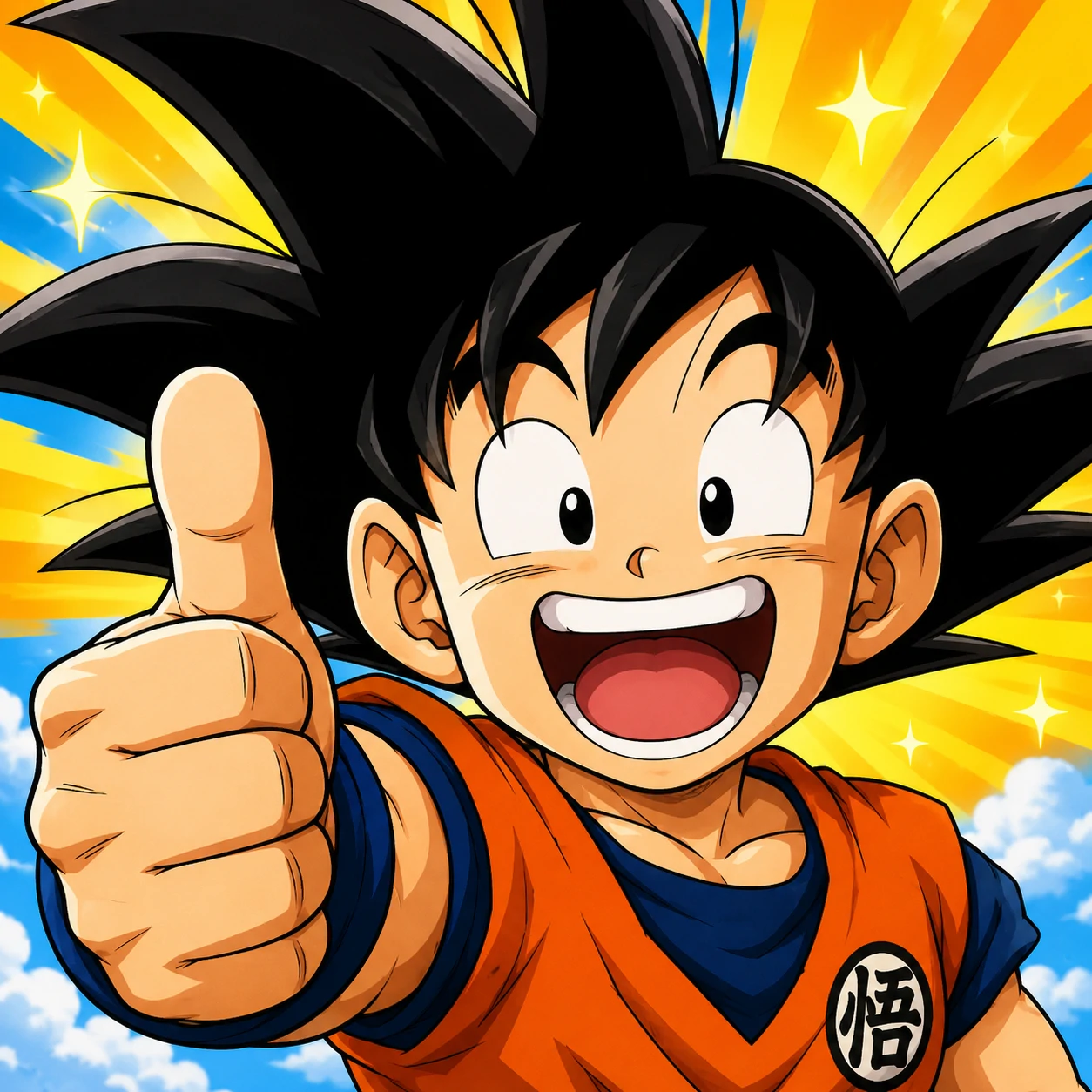 Happy Goku anime profile picture with a big smile and thumbs up.
