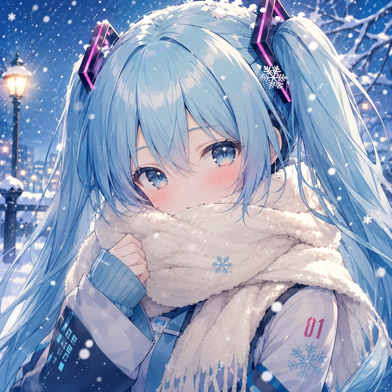 Cute Hatsune Miku PFP in a winter scarf with falling snow and blush cheeks
