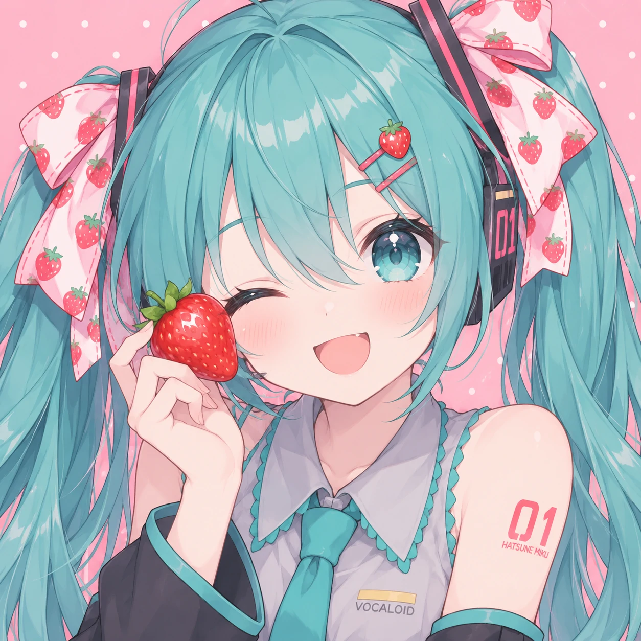 Cute Hatsune Miku profile picture holding a strawberry with pink background