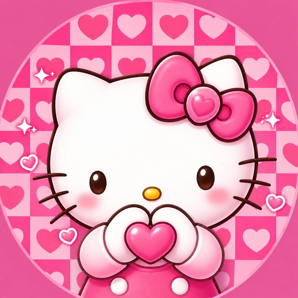 Cute Hello Kitty pfp with heart checker pattern and rosy pink tones