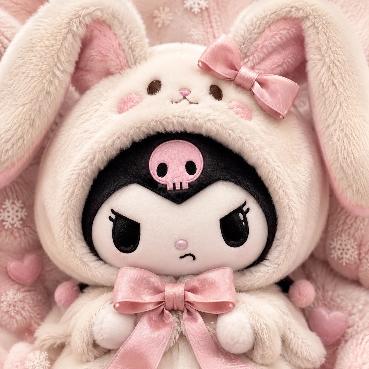 Cute Kuromi PFP wearing plush bunny hood with pink bow tie.