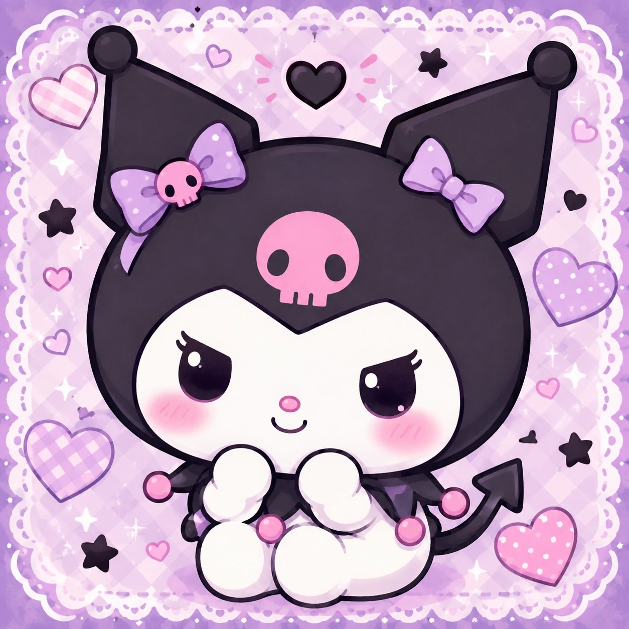 Cute chibi Kuromi PFP with oversized head, blushing cheeks, and tiny black hat.