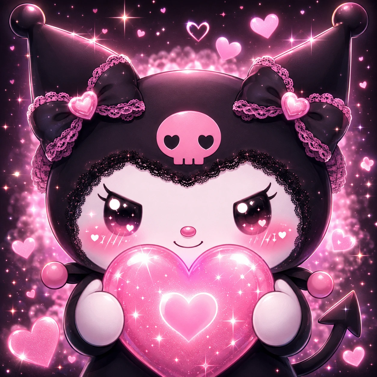 Cute Kuromi profile picture holding a pink heart with sparkling blush cheeks.
