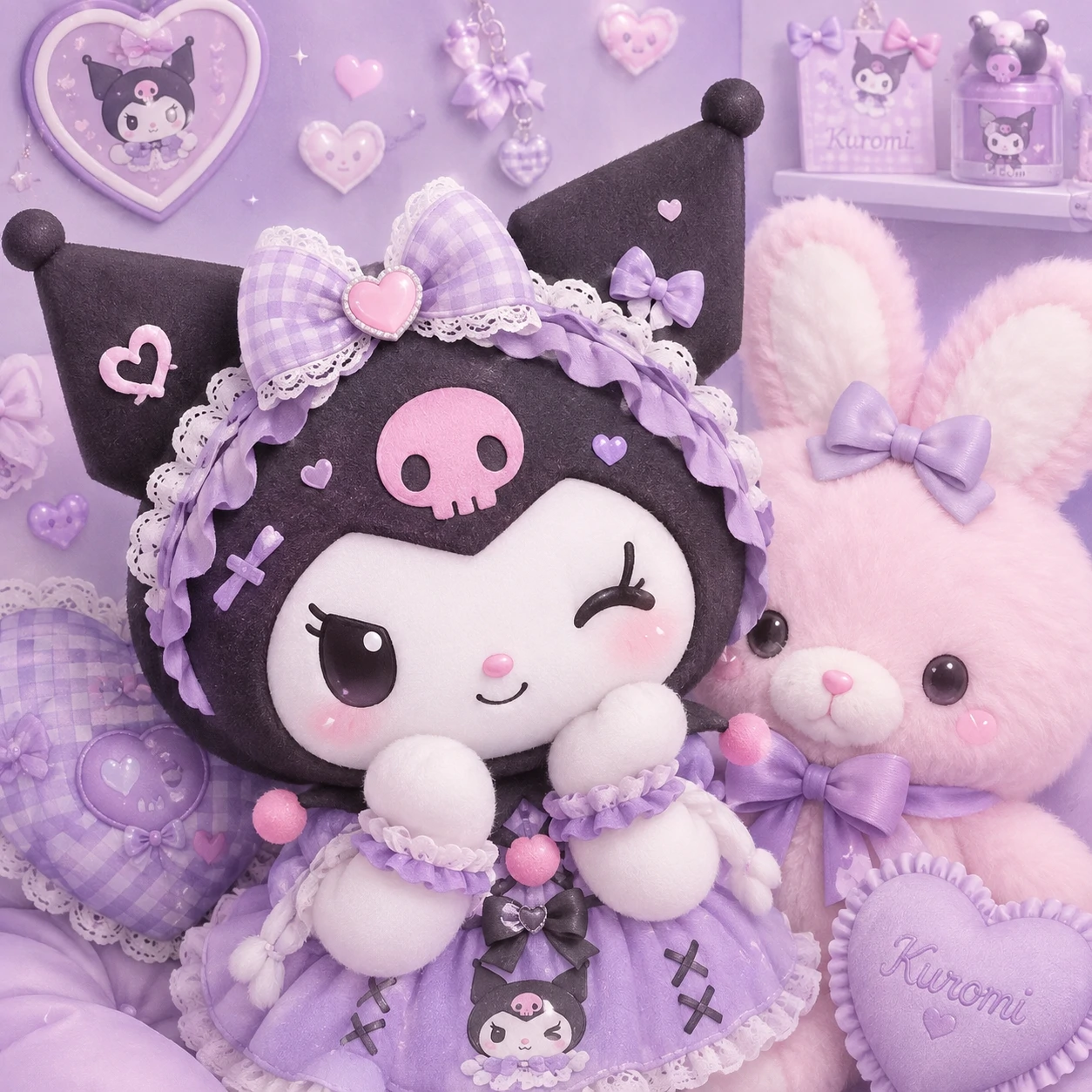 Kawaii pastel Kuromi PFP with lavender background and soft toy bunny behind.