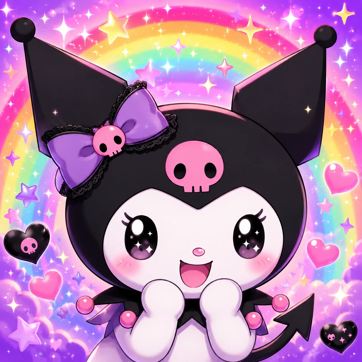 Cute smiling cartoon Kuromi PFP with bright eyes and rainbow sparkle background.