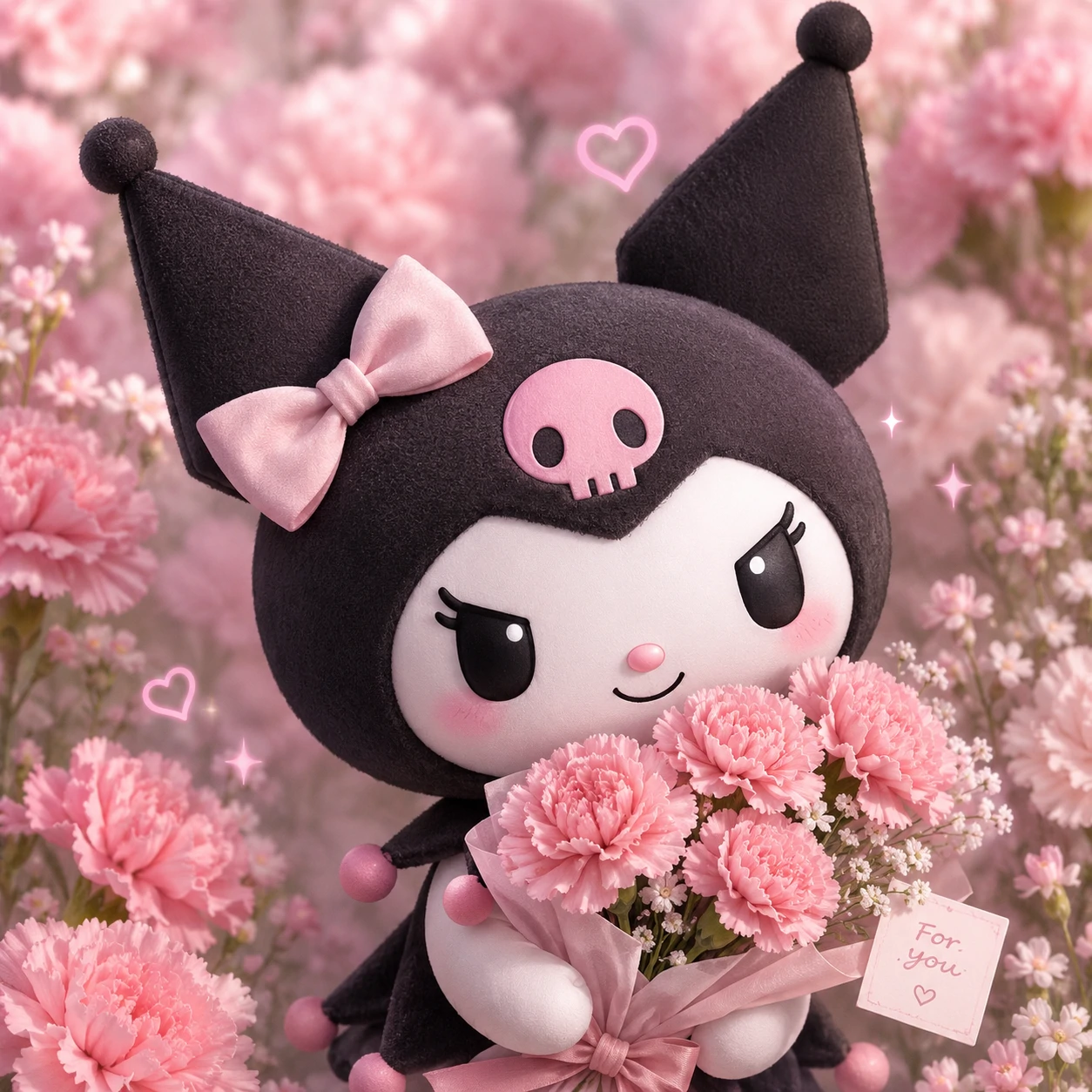 Cute Kuromi PFP holding pink carnation flowers with soft floral background.