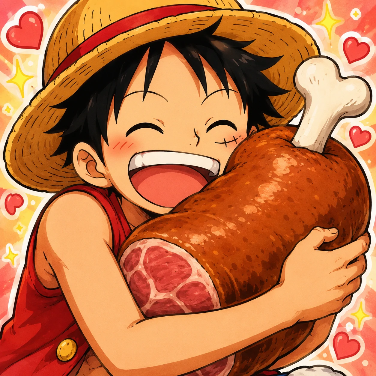Cute Luffy PFP hugging a giant piece of meat happily