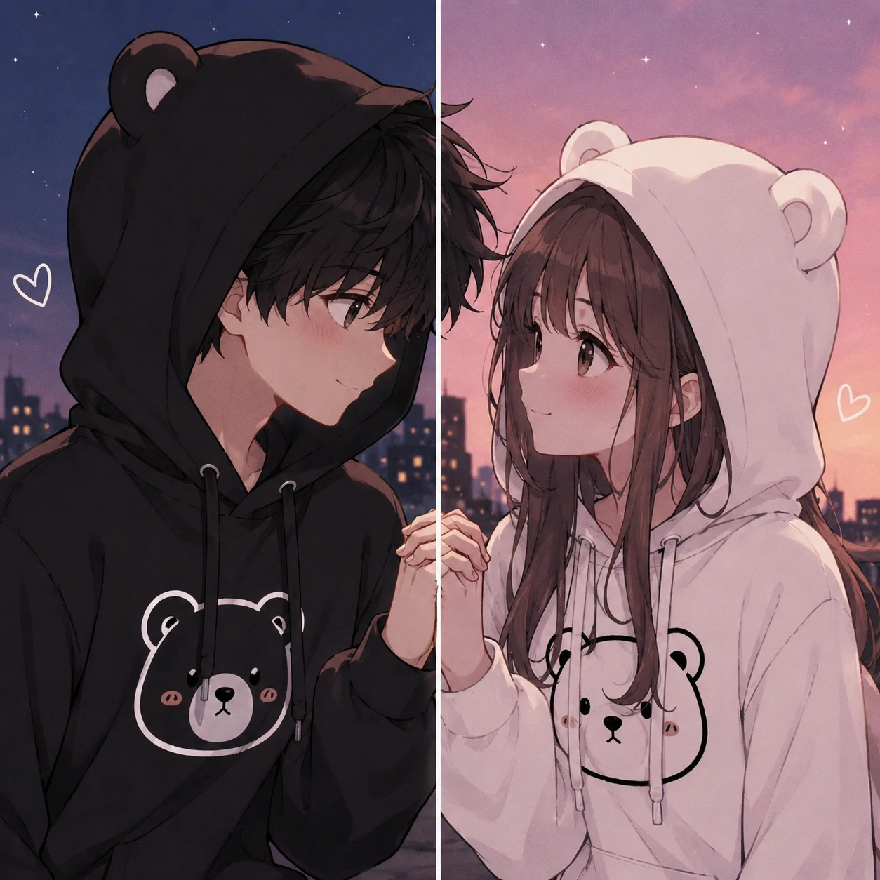 Anime couple cute matching pfp with two characters in hoodies holding hands