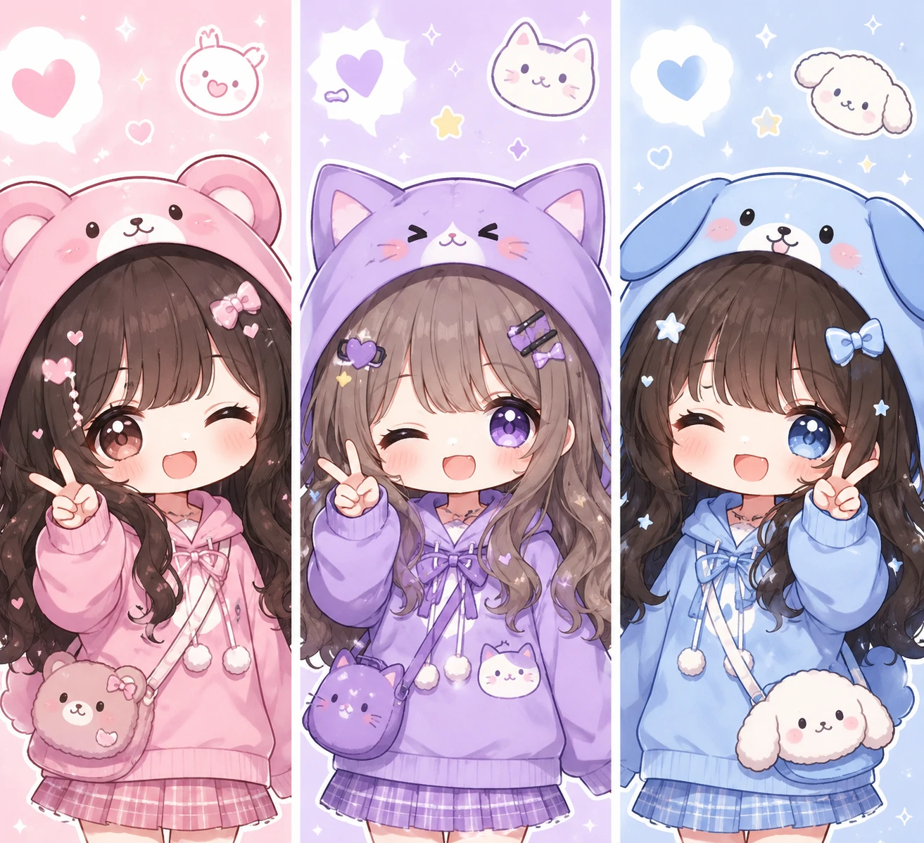 Chibi cute matching pfp trio with three friends styled in coordinating pastel outfits