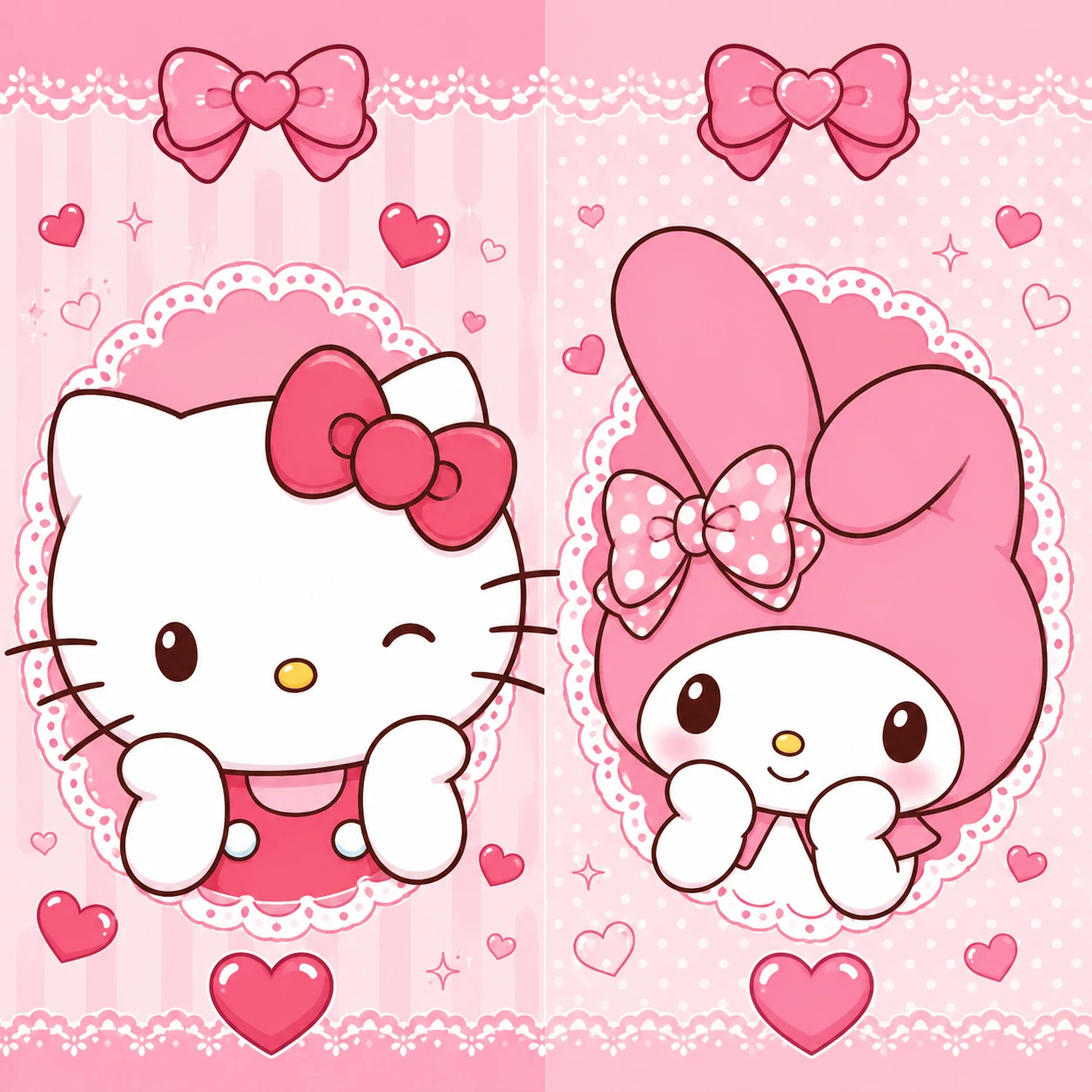 Cute matching pfp with Hello Kitty and My Melody side-by-side in pastel pink