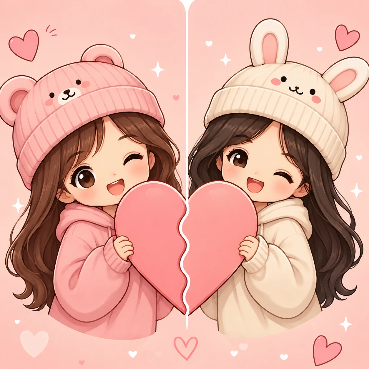 Split heart cute matching pfp with two cartoon characters forming one full heart
